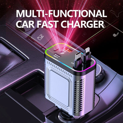 ✨66W Dual-Port Retractable Car Charger with Lightning Cable | Fast Charging & Purple Starlight LED -4-in-1 Automotive🚗