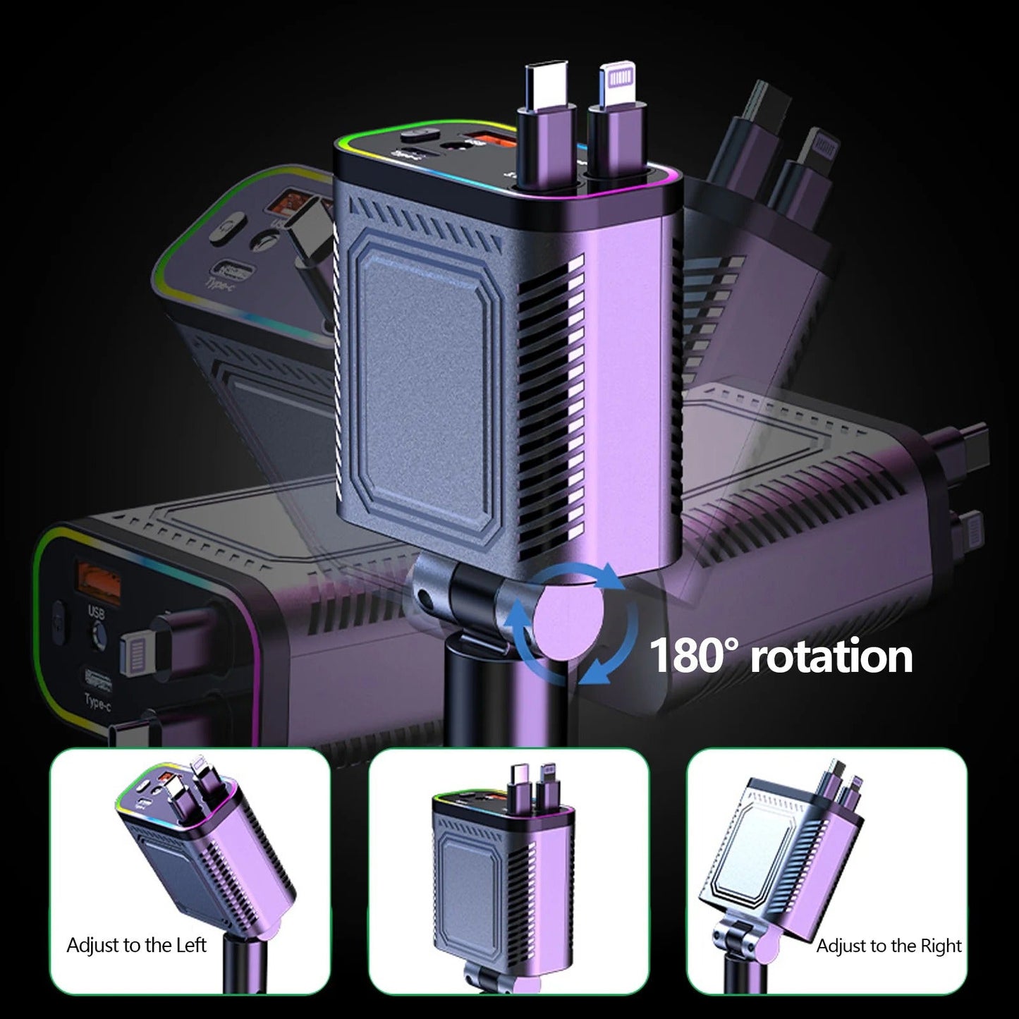 ✨66W Dual-Port Retractable Car Charger with Lightning Cable | Fast Charging & Purple Starlight LED -4-in-1 Automotive🚗