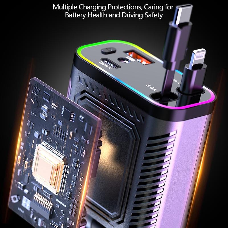 ✨66W Dual-Port Retractable Car Charger with Lightning Cable | Fast Charging & Purple Starlight LED -4-in-1 Automotive🚗